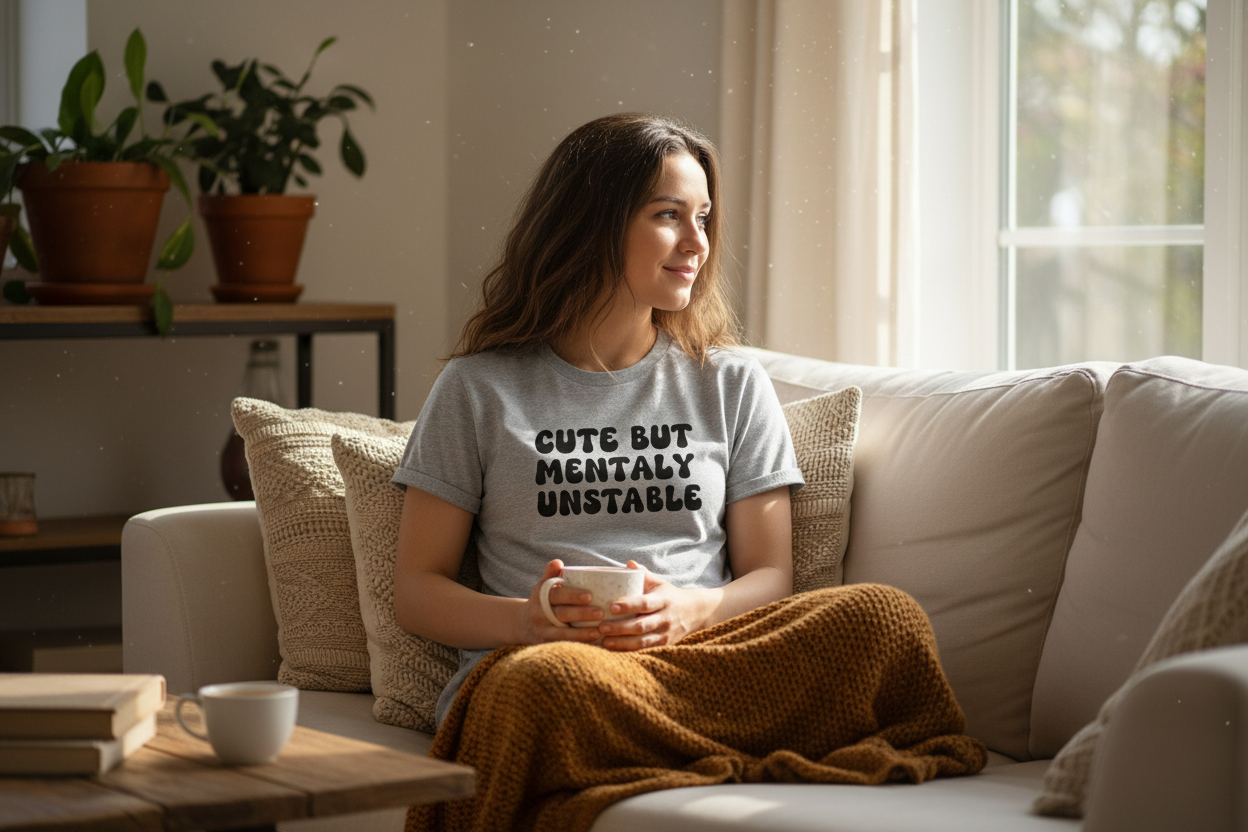 ertselle ein Bild bei der eine Frau zuhause ein T-shirt anhat auf dem steht cute but mentally untable